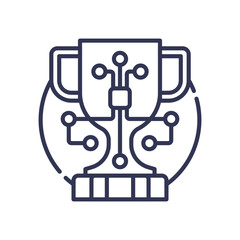 A line art icon of a trophy with an integrated circuit board pattern. It symbolizes technological achievement, digital awards, innovation, and success in the tech industry.