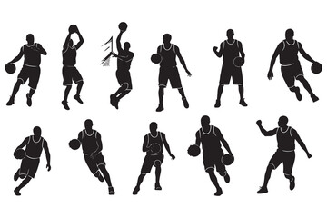 Fototapeta premium Silhouette illustration of nine basketball players in different shooting poses.