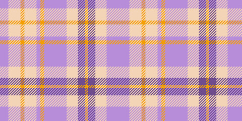 Seamless Purple and Beige Tartan Plaid Pattern with Vibrant Orange Accents in a Bold Geometric Design.