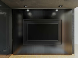 Fototapeta premium Photorealistic 3D rendering of a modern interior living room, digitally designed with no trademarks or recognizable copyrighted elements. Image created by a 3D artist for architectural visualization