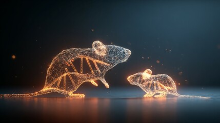 Two glowing mouse silhouettes connected by a DNA double helix to their offspring, representing reproductive science