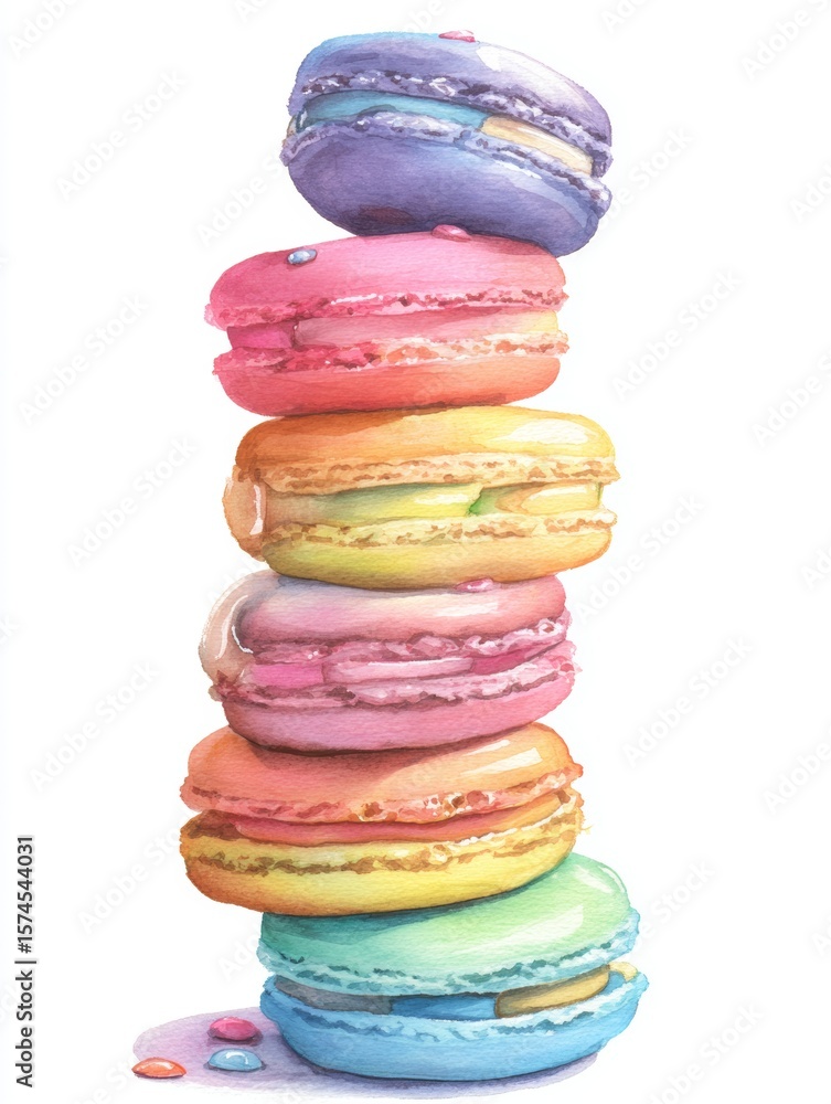 Aufkleber stack of colorful pastel macarons arranged in playful high tower composition on white background