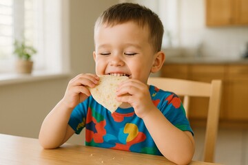 Happy boy eating tortilla at kitchen table
