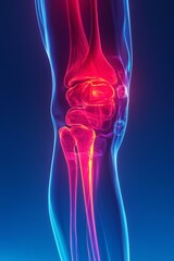 X-Ray Style Illustration of Knee Joint with Inflammation Highlighted in Red on Blue Medical Background
