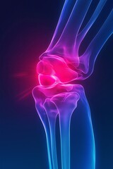X-Ray Style Illustration of Knee Joint with Inflammation Highlighted in Red on Blue Medical Background
