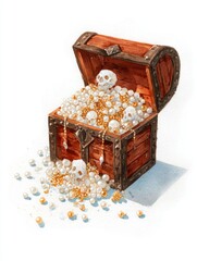 Watercolor illustration of an open treasure chest overflowing with pearls and gleaming gold coins on a white background
