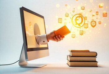 Digital Learning and Information Exchange: A Hand Reaching from a Monitor with a Book