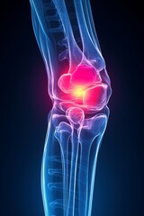 X-Ray Style Illustration of Knee Joint with Inflammation Highlighted in Red on Blue Medical Background
