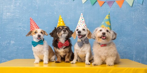 Celebration, happy birthday, Sylvester New Year's eve party, funny animal greeting card - Group of cute little dogs pets with party hat and bow tie on yellow table and blue wall background texture