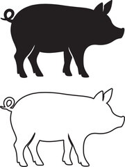 Domestic Pig Silhouette Farm Animal Side View on White