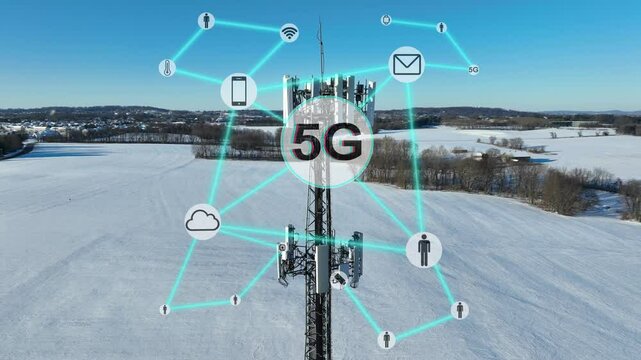 5G cell tower animation. Aerial orbit of communications infrastructure in snow-covered rural USA. Technology, IoT, and innovation theme. 3d motion graphic render.