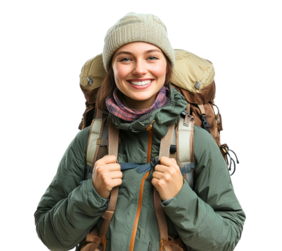 Smiling young woman hiker wearing a warm beanie and jacket with a large backpack ready for adventure isolated on transparent background