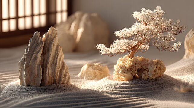 Zen garden with sand rocks and bonsai tree for meditation and mindfulness art - Powered by Adobe