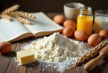 Baking Essentials: Flour, Eggs, and a Recipe Book