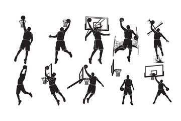 Obraz premium Silhouette illustration of nine basketball players in different shooting poses.