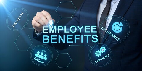 Businessman Demonstrating Employee Benefits with Digital Interface and Icons on Dark Background