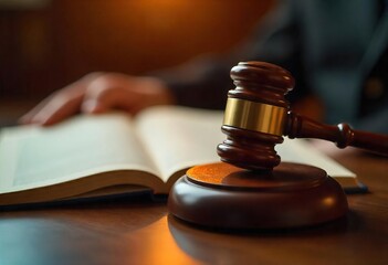 Gavel and Law Book in a Stained Glass Lit Room
