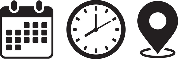 Calendar, Location pin, Clock icons. Event icon set. Address, time, date symbols vector

