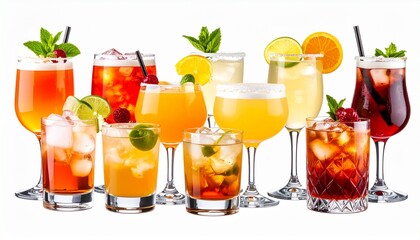 Assortment of Colorful Refreshing Fruit Drinks and Cocktails with Ice, Citrus Garnishes, Berries, and Mint Leaves Served in Various Glasses on a White Background – Summer Beverage Variety Display for 