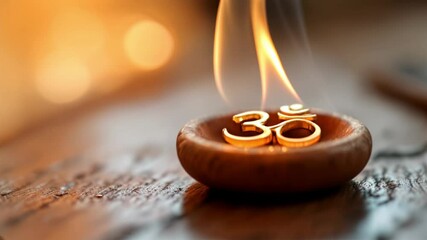 Burning gold om symbol lit with flame and spirituality focus cinematic close up
