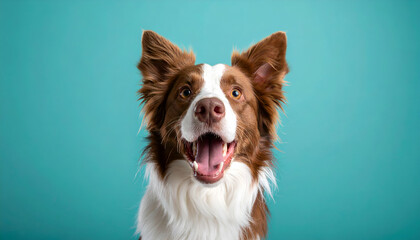 Happy Border Collie Dog Teal Background.