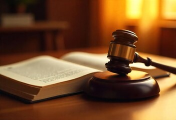 Gavel and Law Book in a Stained Glass Lit Room