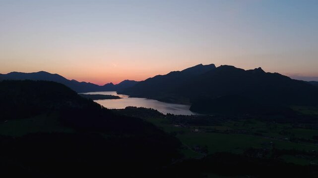 Afterglow Over Lake Wolfgangsee and Strobl Town with Soft Sunset Colors