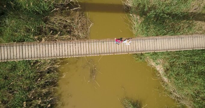 HaBesor,Israel-11 MARCH 2011: Aerial view of suspension bridge over a dry stream.