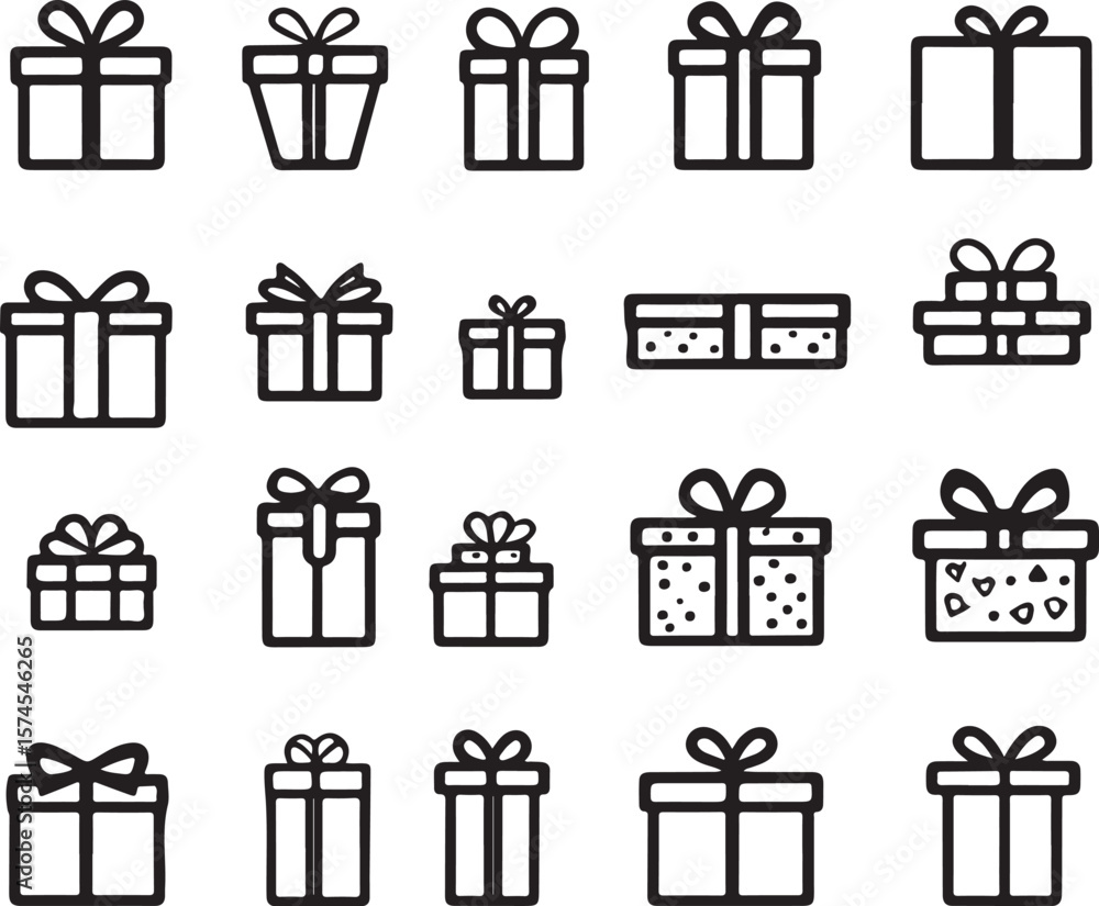 Poster a collection of twenty outlined gift boxes in a grid pattern on white
