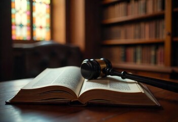 Gavel and Law Book in a Stained Glass Lit Room