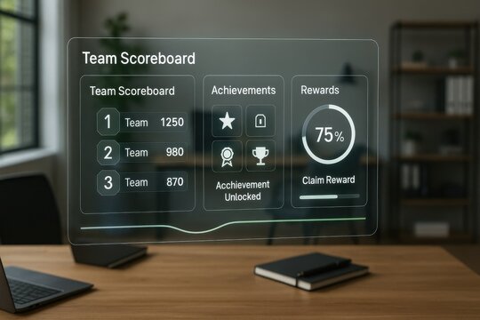 Team Achievement Scoreboard with Rankings, Gamified Rewards, and Progress Tracker on Transparent Interface
