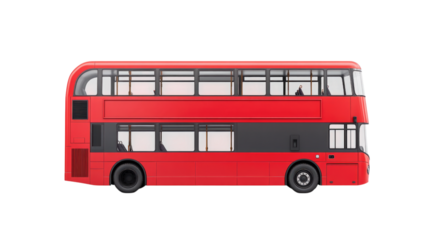 Red double-decker bus in profile view on isolated transparent background, cutout png