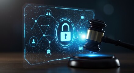 Digital Security Law: Gavel and Padlock with Networked Data Visualization.