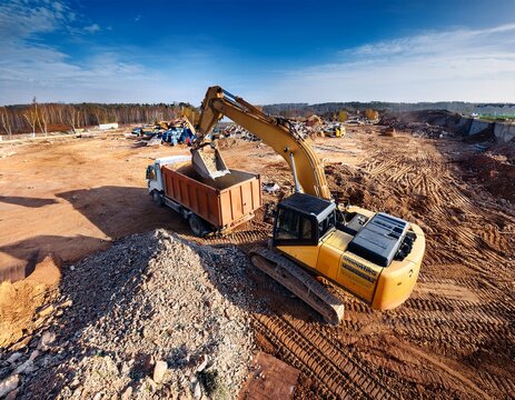 hydraulic excavator working on demolition site and loading debris into dumper truck aerial view