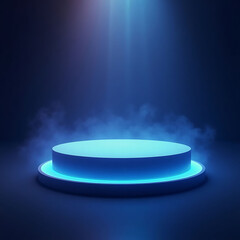 Modern, illuminated podium with vibrant blue neon lighting.