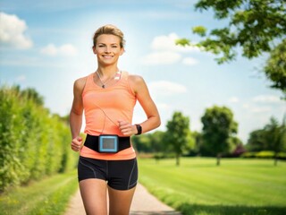 A woman runs joyfully in a sunny park, wearing fitness attire and a fitness tracker.