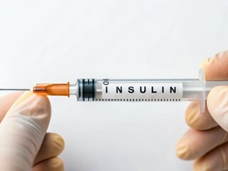 Close-up of a hand holding an insulin syringe ready for injection.