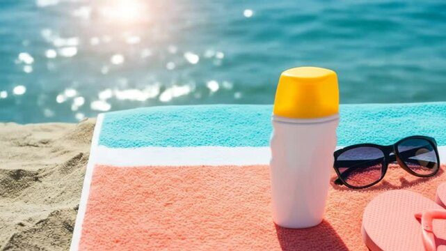 Beach essentials laid out on a towel under warm sunlight. Sunhat, sunglasses, and sunscreen signal a perfect tropical escape.