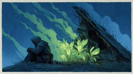 A mysterious hooded figure rests beside a glowing bioluminescent plant at night. A fantasy concept of solitude, discovery, and magic in the darkness.