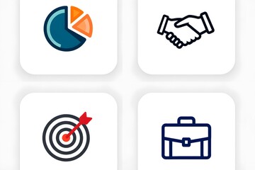 Four business icons representing success partnership goals and finance on a white background