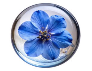 Side Angle of Oval Paperweight with Real Pressed Blue Flower Inside, Isolated on Transparent Background