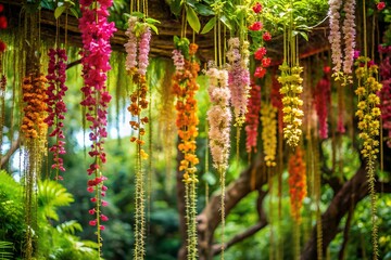 Vibrant hanging flowers create a lush and colorful floral canopy
