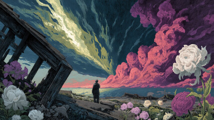 A solitary figure on a desolate coast with a shipwreck and giant flowers, watching a surreal, dramatic sky. A fantasy art concept of wonder and decay.