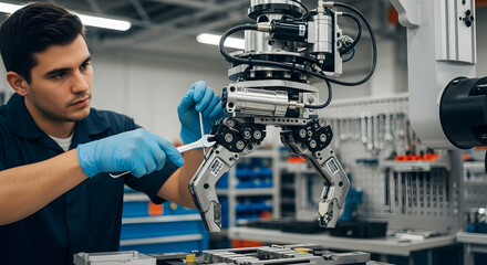 Technician fixing robotic arm