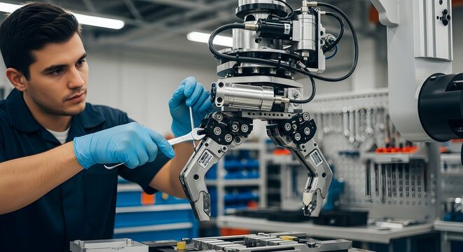 Technician fixing robotic arm