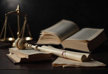 Gavel and Law Book in a Stained Glass Lit Room