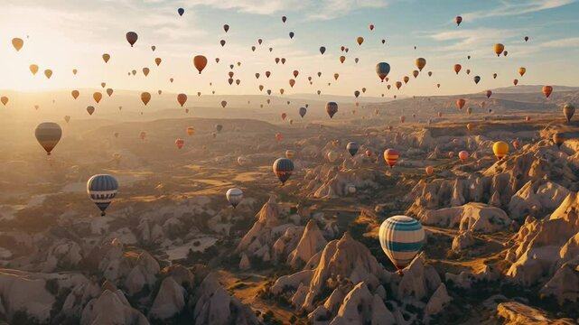 Hot air balloons ascending over cappadocia valley at sunrise in turkey