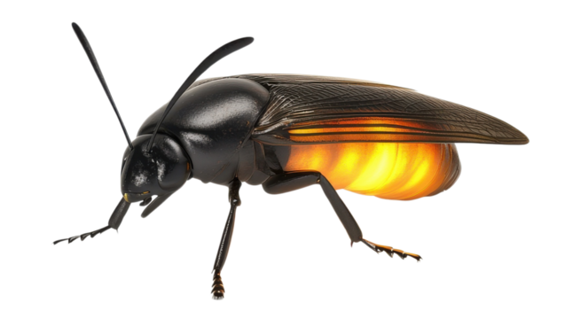 Detailed 3d render of a black beetle with glowing abdomen and intricate wing details isolated on transparent background