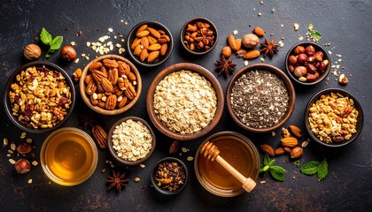 Top View of Assorted Healthy Ingredients Including Granola, Oats, Almonds, Sunflower Seeds, Chia Seeds, Flaxseeds, and Mixed Nuts in Black Bowls on Dark Background &ndash; Nutritious Superfood and Clean Eat