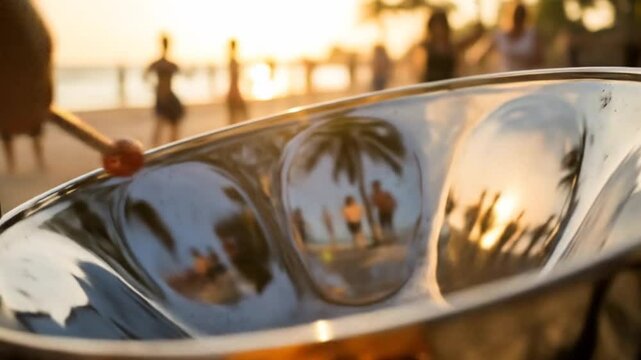 Steelpan Music at Sunset: Beach Party Vibes with Reflections of Palm Trees and People
